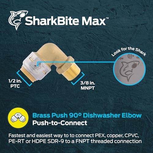 SharkBite Max 1/2 Inch x 3/8 Inch 90 Degree Dishwasher Elbow, MNPT, Push to Connect Brass Plumbing Fitting, PEX Pipe, Copper, CPVC, PE-RT, HDPE, UR281A