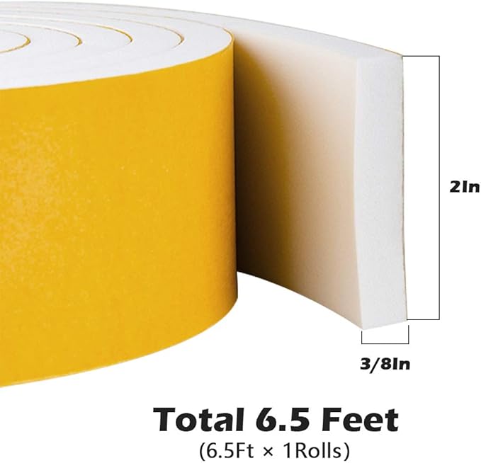 White Door Window Weather Stripping Self Adhesive Foam Tape High Density Foam Sealing Strip Window Insulation Weatherproof Gasket Tape, 2" Wide X 3/8" Thick, 6.5 Ft X 1 Rolls, Total 6.5 Feet