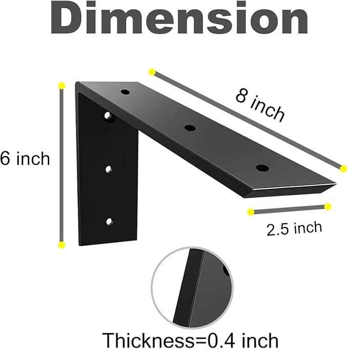 WINKER Countertop Support Bracket 3 Pack Heavy Duty 3/8" Thick Hidden L Shelf Bracket 8" x 6" x 2.5" Metal Corbels for Quartz/Granite/Wood/Concrete/Laminate Countertops, Black