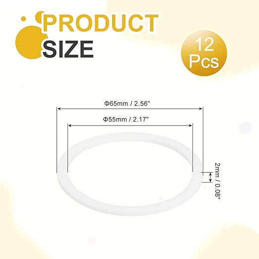 MECCANIXITY PTFE Flat Washers, 12Pack 65mm OD 55mm ID 2mm Thick Sealing Spacer Gasket Ring for Faucet Pipe Hose Bolt Machinery, White