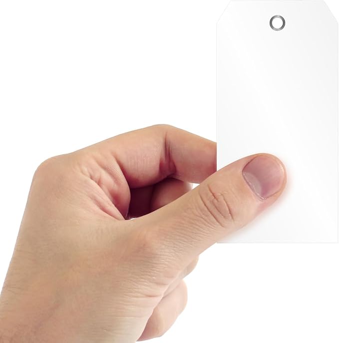 SmartSign 100-Pack White Plastic Tags with Pre-Punched Hole, 4.75" x 2.375", Size#5, 10 mil Tearproof Plastic Tags with Metal Eyelet, Writable Blank Tags for Shipping/Labeling, USA-Made