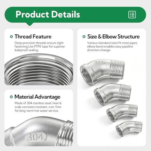 TAISHER 10PCS 304 Stainless Steel 45 Degree elbow,1“ NPT Female Pipe to 1” NPT Male Pipe Fitting