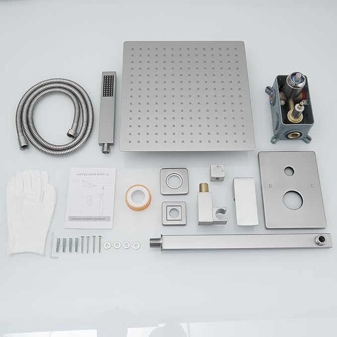 Brushed Nickel Shower System 12 Inch Bathroom Luxury Rain Mixer Shower Combo Set Wall Mounted Rainfall Shower Head and Handheld System Shower Faucet Set Rough-in Valve Body and Trim Kit