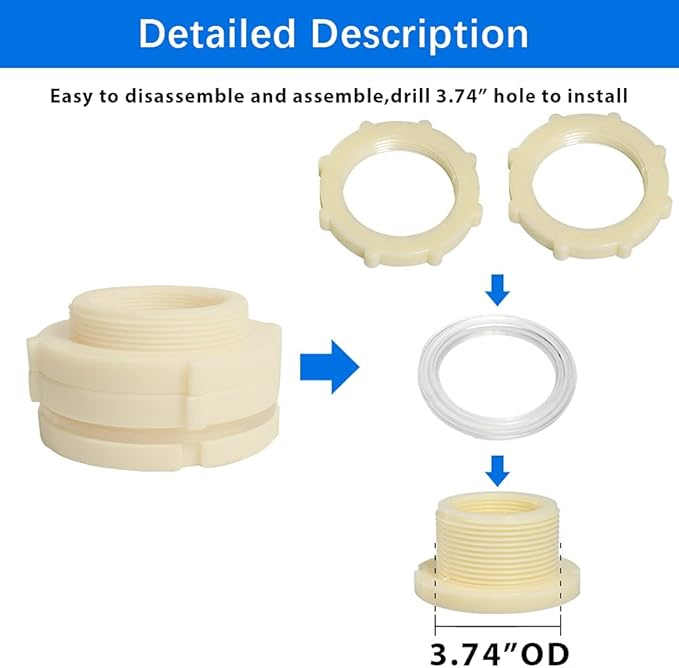 Quickun 2-1/2" ABS Bulkhead Water Tank Connector Adapter Fitting with Plugs Thru-Bulk Pipe Fitting (Set of 1)