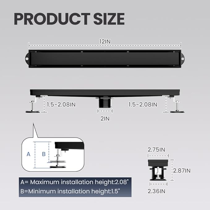 Linear Shower Drain 12 Inch Black, Shower Drain with 2-in-1 Tile Insert Panel, Brushed AISI 304 Stainless Steel Linear Drain for Fast Drainage, Floor Drain for Bathroom, Kitchen, Garage & More