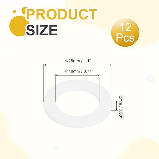 MECCANIXITY PTFE Flat Washers, 12Pack 28mm OD 18mm ID 2mm Thick Sealing Spacer Gasket Ring for Faucet Pipe Hose Bolt Machinery, White
