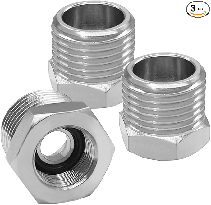 3PCS Water Line Adapter, 1/2" Male to 3/8" Female Reducer Bushing, Brass Nickel Plating Compression Fitting for Kitchen Bathroom Faucet Supply Line Hose Stop Valve Connector with Rubber Washer
