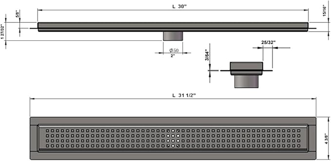 SereneDrains 304 Stainless Steel Brushed Nickel Linear Shower Drain Kit Traditional Square Linear Shower Drains for Tile Floor Long Hair Catcher Strainer Grate Cover Bathroom (30 Inch)