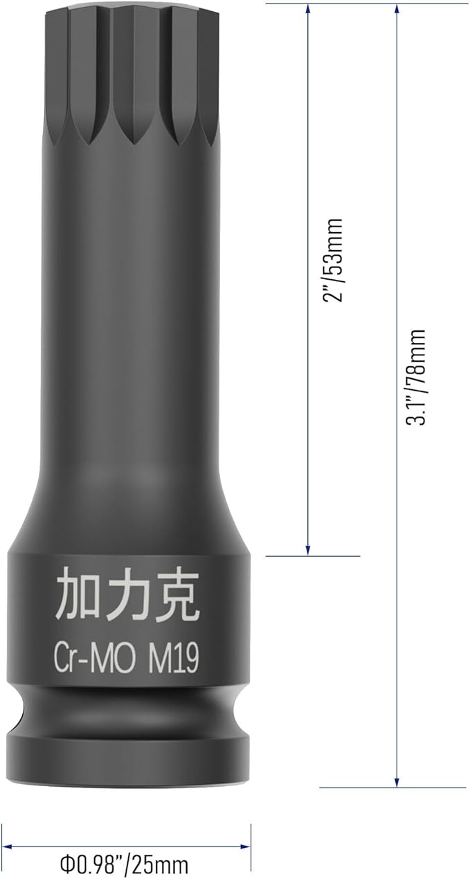 1/2-Inch Drive x M19(19mm） Impact XZN Triple Square Spline Bit Socket, Metric Lengthen Screwdriver Socket Adapter, 3-Inch Length, CR-MO Steel, One-Piece Construction, Black
