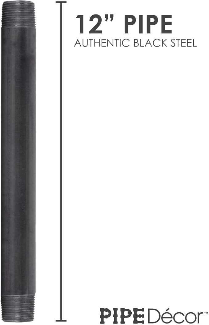 PIPE DECOR 1" x 12" Black Steel Plumbing Pipe, 4-Pack, Pre Cut Connector, Industrial Steel Grey Fits Standard One Inch Threaded Black Malleable Iron Fittings, Build Vintage DIY Furniture