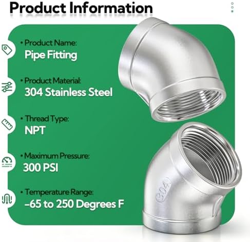 TAISHER 1PCS 304 Stainless Steel 45 Degree elbow,3" NPT Female x 3" NPT Female 304 Stainless Pipe Fitting