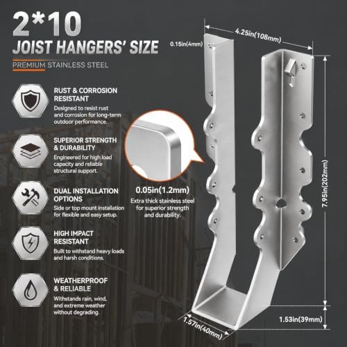Stainless Steel 2x10 Joist Hangers, 18 Gauge 2X10 Brackets (14 Pack)