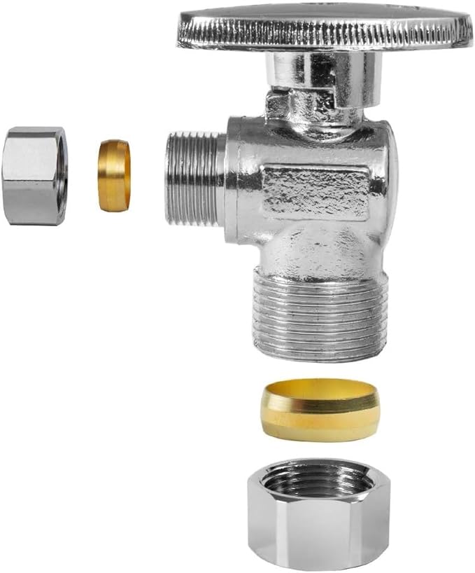 100Pcs Heavy Duty Angle Stop Valve,1/4 Turn Water Shut Off Valves 1/2" Nominal (5/8"OD) Compression x 3/8"OD Outlet,Metal Handle Shut-off Valve Water Pipes,For Sink,Toilet,Faucet Valve(EZAC58)