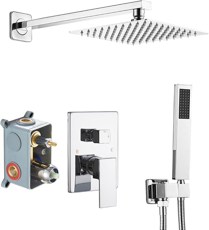 Shower System with High Pressure Rainfall Shower Head, Handheld Shower head and Shower Faucet Trim Kit, Rain Mixer Shower Set Wall Mounted Chrome（Valve Include）