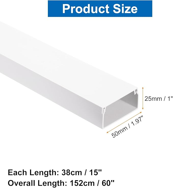 HARFINGTON 4pcs Cord Hider Wall 15inx1.97inx1in (LxWxH) PVC Cable Cover Self Adhesive Wire Hider Wall Mounted TV Cable Raceway for Cables Management (60in Total Length),White