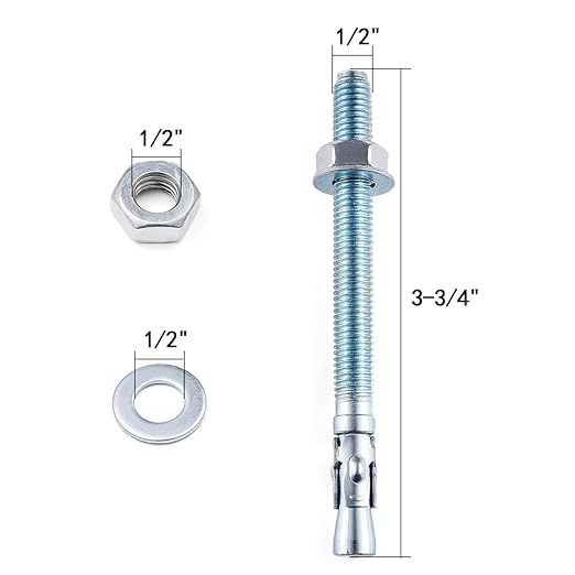 10 Pcs 1/2" x3-3/4 Wedge Anchors Zinc Coated for Heavy Duty Concrete Wall Anchor Cement Wall Base Bracket