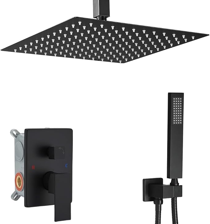 Matte Black Shower System Bathroom 12 Inch Rain Shower Head Ceiling Mount with Handheld Luxury High Pressure Shower Combo Set Shower Faucet Rough-in Valve Body and Trim Kit