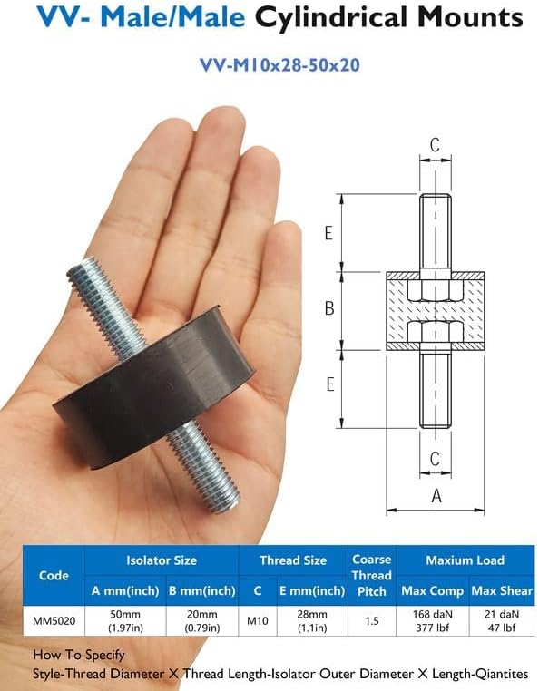M10 Rubber Vibration Isolator Mounts Double Stud Shock Absorber Isolation Anti Vibration Silent-Blocks for Car Boat Bobbins Motors Compressors Pumps, 4pcs M10x28-50x20mm with 8pcs LockNuts