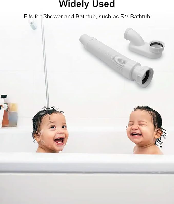 Bathtub Shower Drain Pipe, Low Profile Flat 1 1/2 P Trap Kit, Flexible Freestanding Tub Drain for Bath White