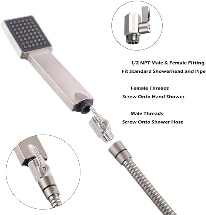 Showerhead Shut Off Valve with Stainless Handle, 304 Stainless Steel Mini Ball Valve(1/2" Female X Male) NPT Thread, Water Flow Control Valve Regulator Chrome, Shower Head Flow Control Valve