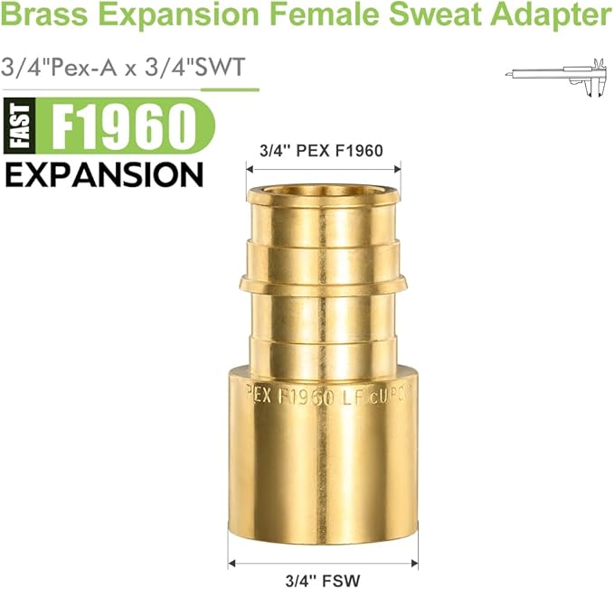 10 Pack Brass Expansion Female Sweat Adapter, 3/4" Pex A Expansion x 3/4" Sweat Brass Expansion Fitting ONLY Full Flow For Pex-A Tubing Connection, NSF/ANSI 61 NSF 372 Certificate