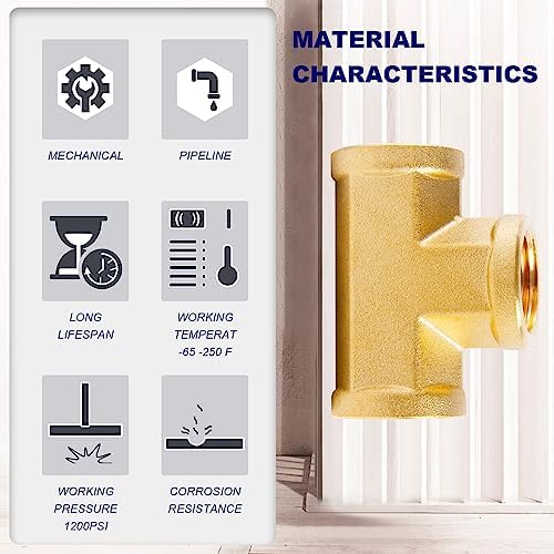 ChillWaves Brass Pipe Fitting, Tee 1/2" x 1/2" x 1/2" NPT Female Thread Adapter(3-PACK)