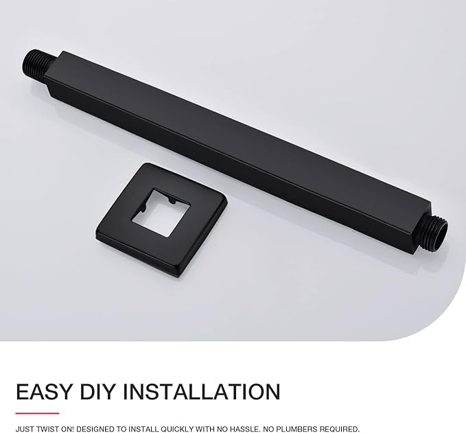 Matte Black Shower Arm with Flange 12 Inch Replacement Extension Pipe Stainless Steel Rainfall Shower Head Extender Arm, Square Shaped