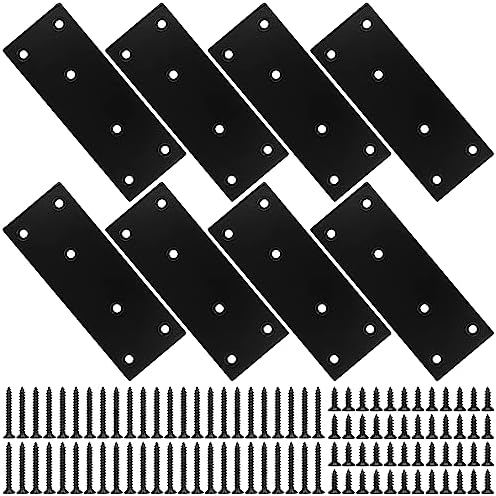 Mending Plate, Metal Steel Flat Straight Brace Bracket, Black Double-Wide Joining Plate for Wood Furniture Fastening & Fixing with 2 Sets of Screws of Different Lengths(48x128mm, 8 Pack)
