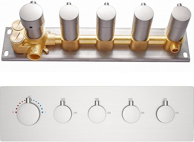 AYIVG Brass Concealed 4-Way Thermostatic Valve Pressure Balanced Shower Mixer with S5 Round Handles (Can Simultaneous Operation, Flows Can Be Controlled Brushed Nickel)