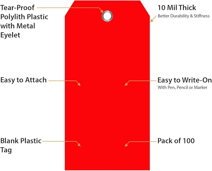 SmartSign Red Plastic Tags with Pre-Punched Hole, 100-Pack, 4.75 x 2.375 inch, Size#5, 10 mil Thick Tear-Proof Polylith Plastic Tags with Metal Eyelet, Writable Blank Tags for Shipping, Labeling
