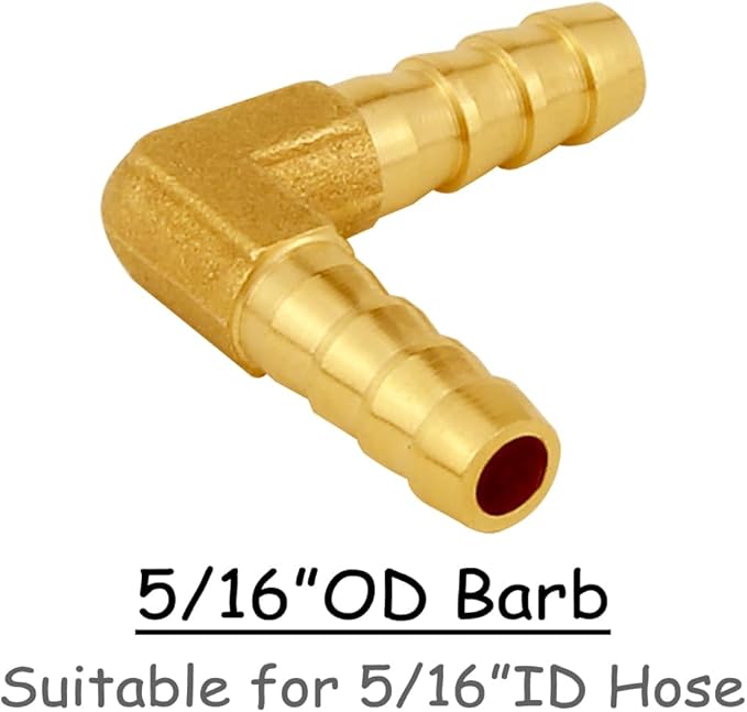 6PCS Solid Brass 5/16"OD Barb Elbow Fittings 2-Way 90 Degree L Right Angle Barbed Fitting for Water/Oil/Gas