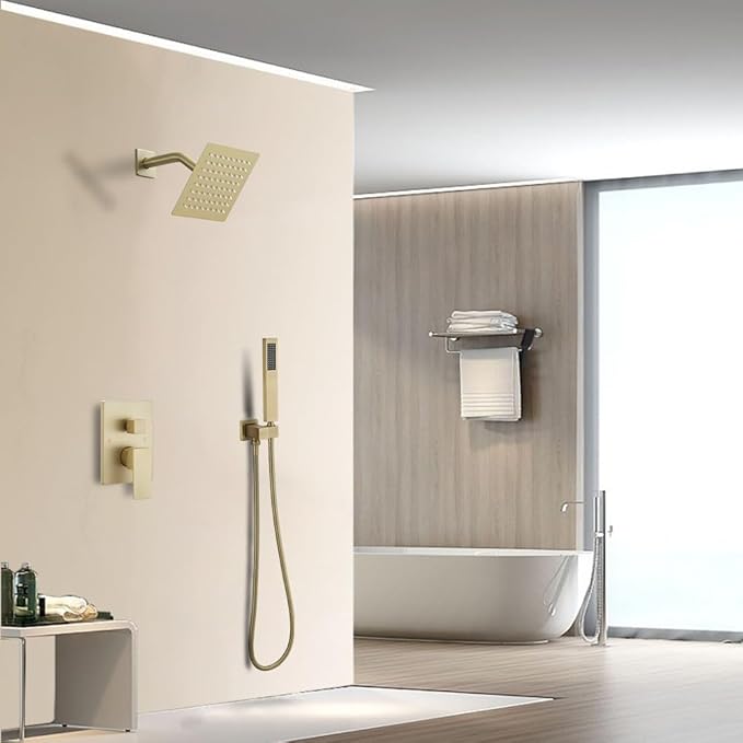 Brushed Gold Shower System 6 Inch Bathroom Luxury Rain Mixer Shower Combo Set Wall Mounted Rainfall Shower Head and Handheld System Shower Faucet Set Rough-in Valve Body and Trim Kit