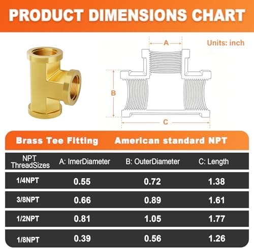 GASHER 2 Pcs Brass Tee Fitting, 1/2" x 1/2" x 1/2" NPT Female Pipe Fittings