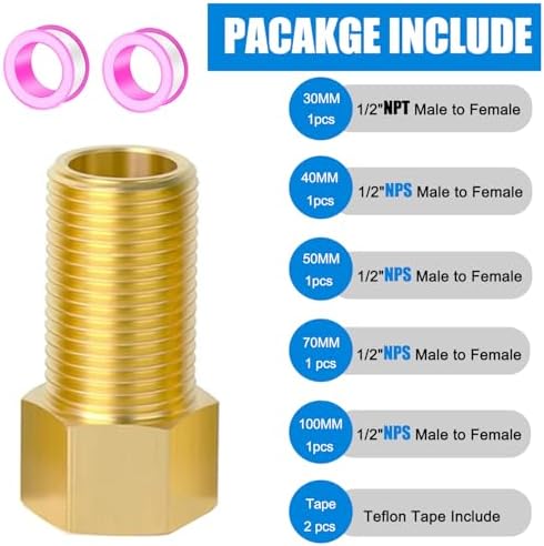 1/2" Brass Pipe Fitting, 1/2" Female to 1/2" Male Pipe Extension Fittings Connector for Tub Spout/Shower, Hex Bushing Converter Adapter, Length 30MM/40MM/50MM/70MM/100MM (5pcs) with Teflon Tape (2pcs)