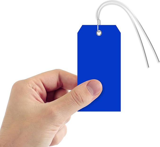 SmartSign Blue Plastic Tags with Pre-Attached Wires - 100-Pack, 4.75" x 2.375", Size#5, 10 mil Thick Tear-Proof Polylith Plastic Tags with Metal Eyelet, Writable Blank Tags for Shipping, Labeling