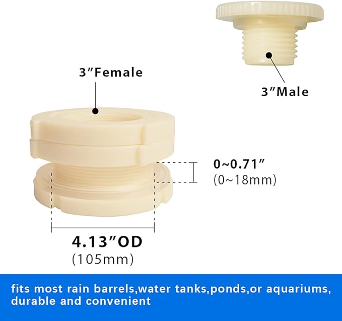 Quickun 3" ABS Bulkhead Water Tank Connector Adapter Fitting with Plugs Thru-Bulk Pipe Fitting (Set of 1)