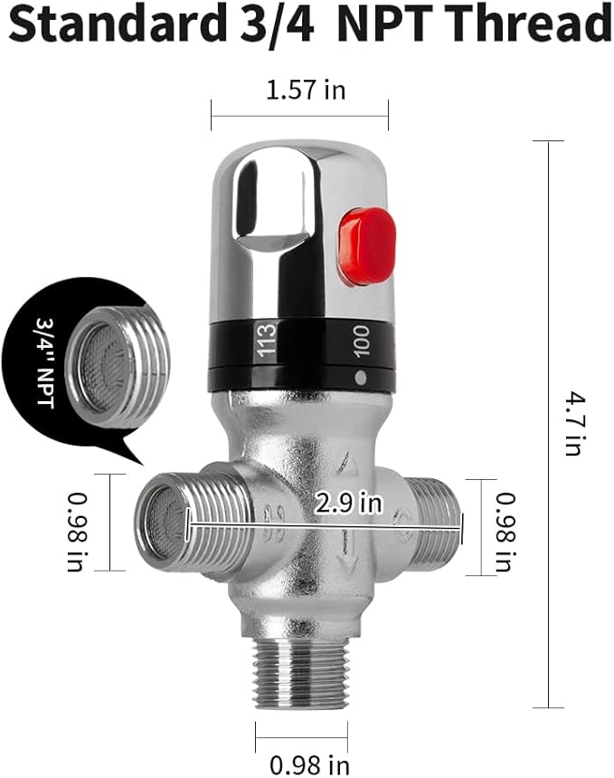 WiseWater 3/4 NPT Thermostatic Mixing Valve, Chrome Plated Brass 3-way Constant Temperature Control, Fahrenheit Scale Mark for Bathroom Faucet and Shower Water