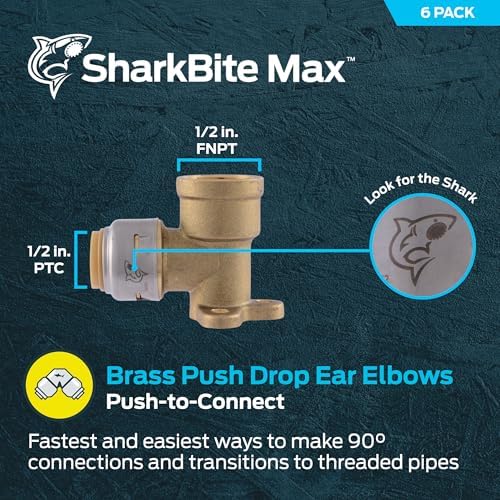 SharkBite Max 1/2 x 1/2 Inch FNPT Drop Ear Elbow, Pack of 6, Push to Connect Brass Plumbing Fitting, UR334