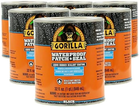 Gorilla Patch & Seal Liquid Rubber Waterproof Sealant, Black, 32 Ounce (Pack of 6) - Seals Out Water, Air, and Moisture