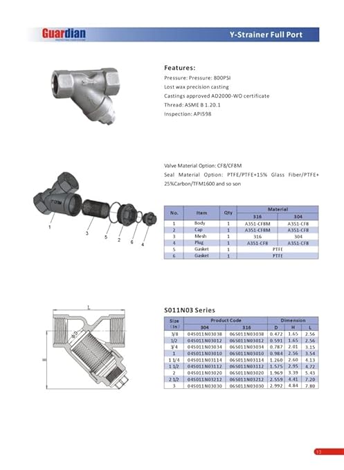 1" Y Strainer Stainless Steel 316 800 PSI WOG 20 Mesh