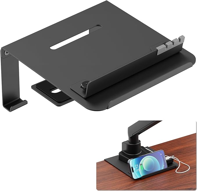 Monitor Arm Reinforcement Plate - with Phone Holder and Hook, for Thin, Glass and Other Fragile Tabletop, Compatible with Most Monitor Stand C-Clamp Installations, Anti-Slip, Black