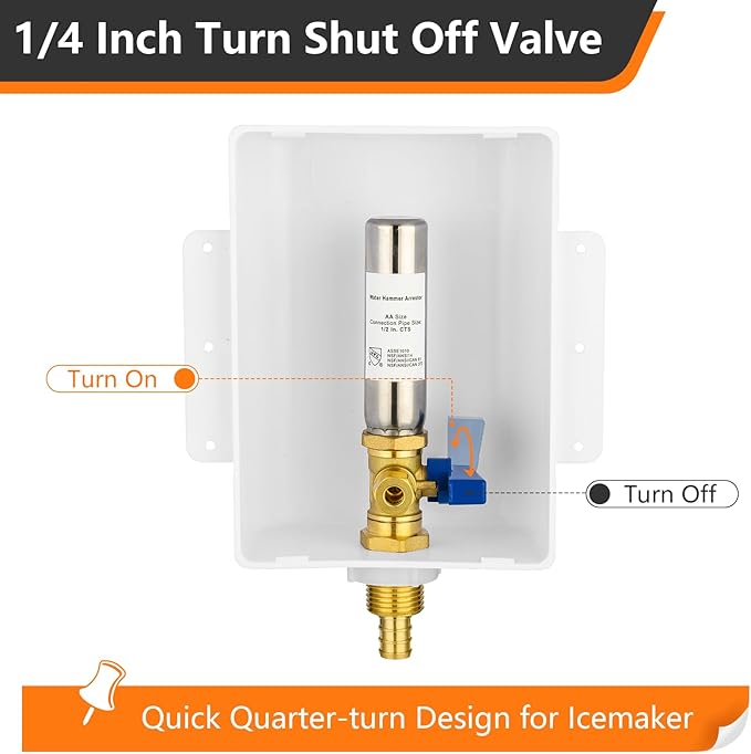 HeSun PEX Crimp Ice Maker Outlet Box,Inlet 1/2 Inch F1807 x Outlet 1/4 Inch OD Compression Connection,with Stainless Steel Water Hammer Arrestor