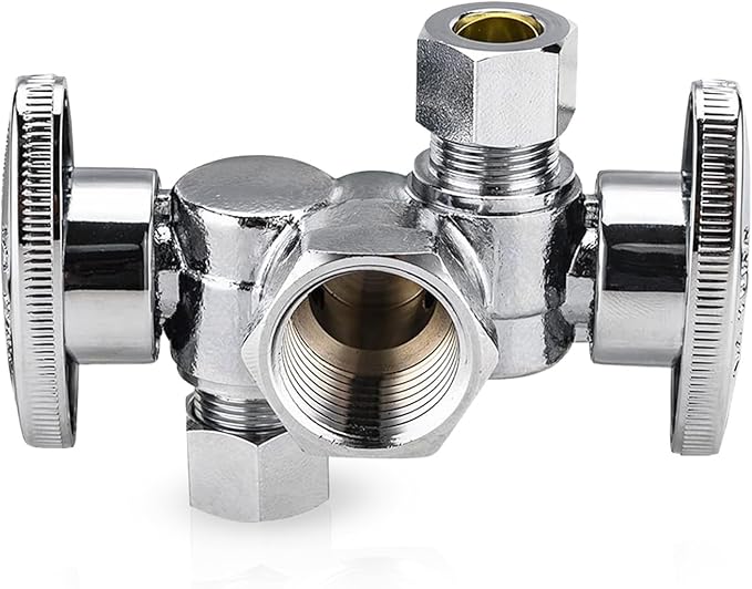EFIELD 1/4 Turn Dual Compression Outlet Angle Stop Valve with 2 Shut Off Valve/Handles, 1/2" Fip Iron Pipe Inlet X (3/8 inch x 3/8 inch),Chrome Plated,(VALVE140)