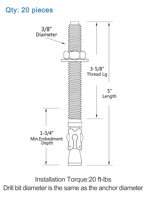 3/8 inch x 5 inch - 20 Pieces Wedge Anchor Zinc Plated Heavy Duty Fastener for Concrete