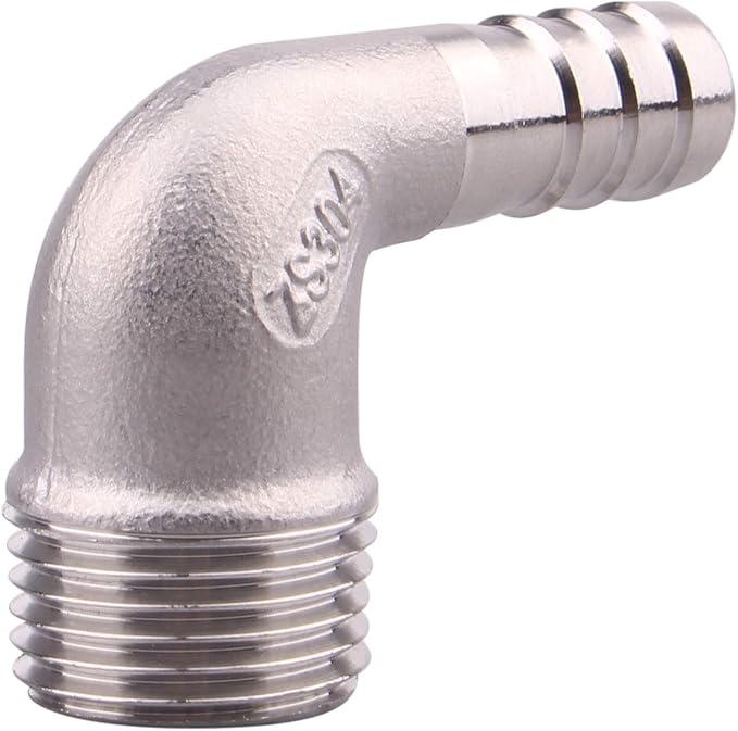 DERNORD 1/2" Hose Barb x 1/2" Male NPT Stainless Steel 90 Degree Elbow- Home Brew Pipe Fitting