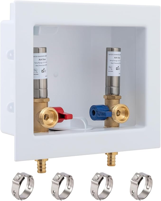 SUNGATOR Washing Machine Laundry Outlet Box, Washer Water Valve Wall Box with Center Drain, 1/2 Inch Pex Crimp Inlet x 3/4 Inch MHT Outlet, with Stainless Steel Water Hammer Arrestor and 4 Crimp Rings