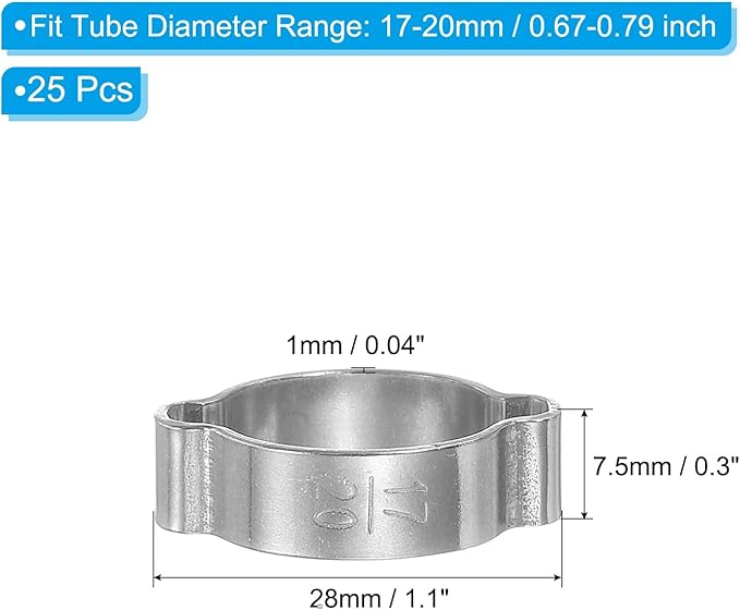 PATIKIL 25 Pack 17-20mm Double Ear Hose Clamp, 304 Stainless Steel O Clip Crimp Rings for Fuel Petrol Pipe Tube Fitting Connections, Silver Tone