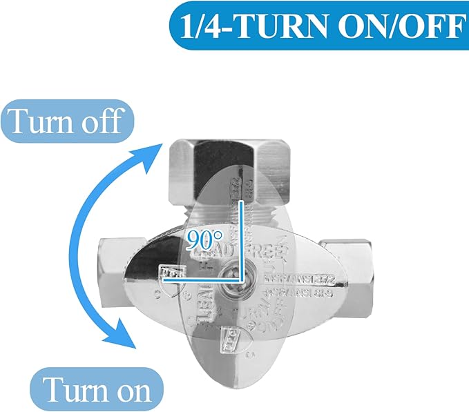 WiseWater Dual Water Shut Off Valve 5/8" OD Comp x 3/8" OD Comp x 3/8" OD Comp, 1/4 Turn Double Angle Stop Valve for Refrigerator, Ice Maker, Coffee Brewers, Water Filters (2 Pack)