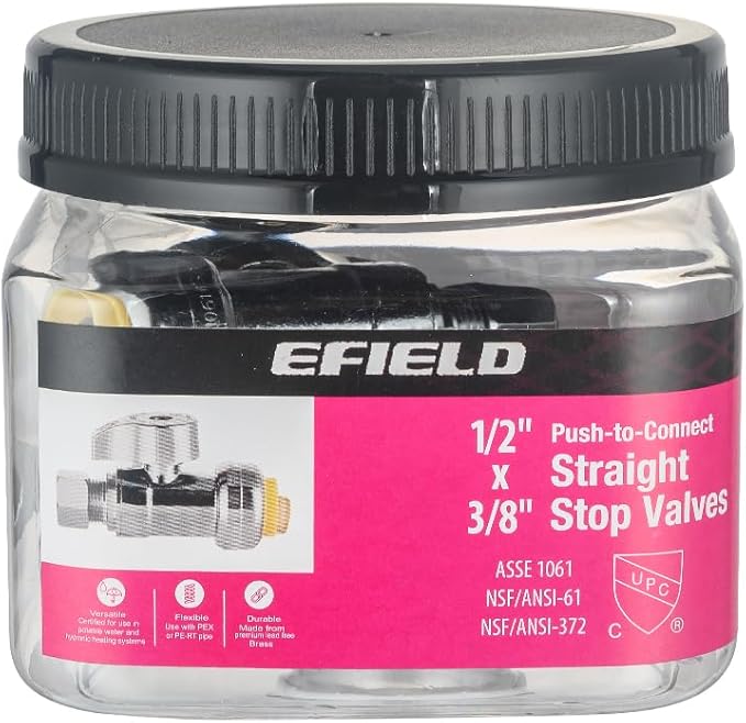 Pro 4-Pack EFIELD Push Fit 1/4 Turn Straight Stop Valve, 1/2 Push x 3/8 Inch Compression With A Clip, Chrome Plated LF Brass, Heavy Duty,(PF-VALVE084)