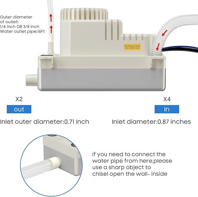 Automatic Condensate Removal Pump, HVAC Condensate Removal for Air Conditioner, Furnace, Dehumidifier,Ice Machine - 115 Volts/60Hz Ultra-Quiet with 16 Ft Hose,4 Water inlets & 2 Type outlets